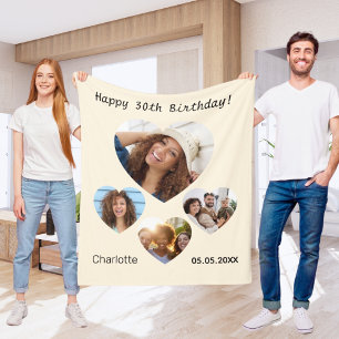 Birthday name photo heart collage cream fleece blanket