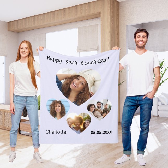Birthday name photo heart collage lavender fleece blanket (Creator Uploaded)