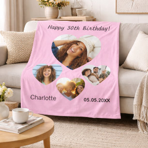 Birthday name photo heart collage pink fleece blanket