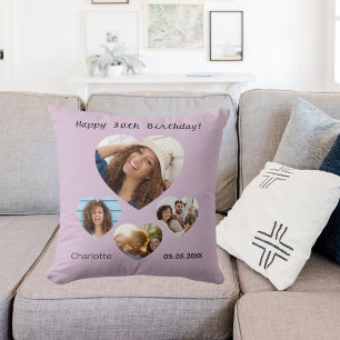 Birthday name photo heart collage taupe cushion