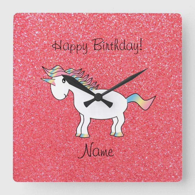 Birthday name unicorn light pink glitter square wall clock (Front)