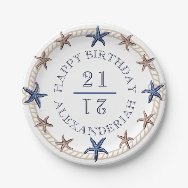 Birthday Nautical Navy Blue White Tan Starfish Paper Plate (Front)