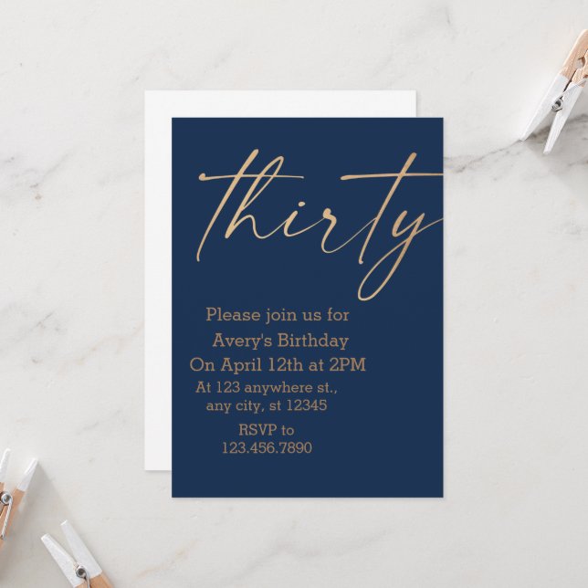  Birthday Navy and Gold Invitation (Front/Back In Situ)