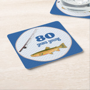 Birthday Navy Blue Adult Trout Fishing Design Square Paper Coaster