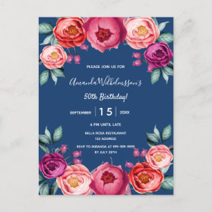 Birthday navy blue blush purple invitation postcard