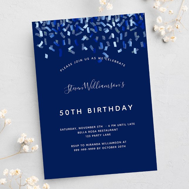 Birthday navy blue confetti men guy invitation (Creator Uploaded)