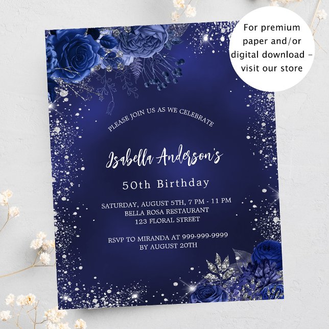 Birthday navy blue floral silver budget invitation flyer (Creator Uploaded)