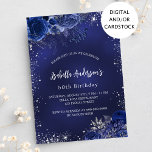 Birthday navy blue flowers silver sparkles invitation<br><div class="desc">A navy blue background,  decorated with faux silver glitter,  sparkles and blue florals. The blue colour is uneven. Personalise and add a name and party details.</div>