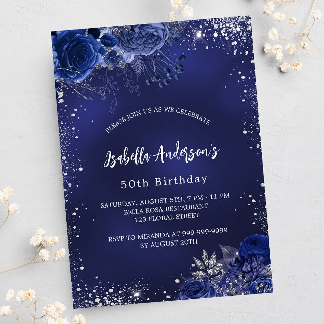 Birthday navy blue flowers silver sparkles invitation postcard (Creator Uploaded)