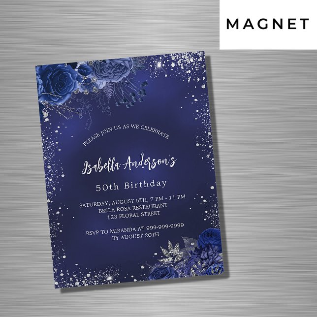 Birthday navy blue flowers silver sparkles luxury magnetic invitation (Creator Uploaded)