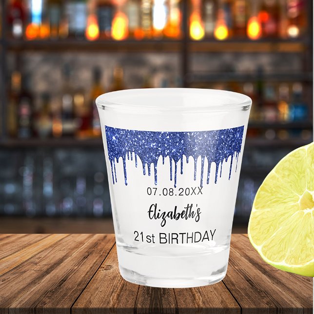 Birthday navy blue glitter drips name shot glass (Creator Uploaded)