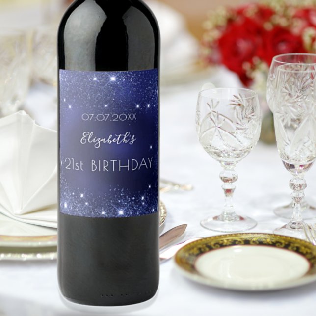 Birthday navy blue glitter dust monogram wine label (Creator Uploaded)