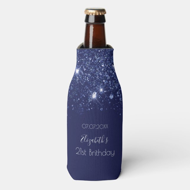 Birthday navy blue glitter dust name bottle cooler (Bottle Front)