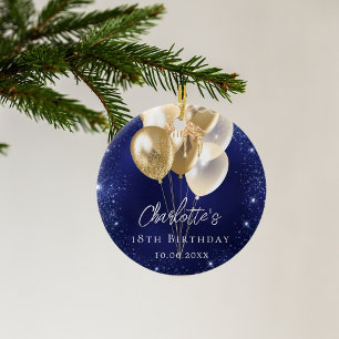 Birthday navy blue glitter gold balloons ceramic ornament