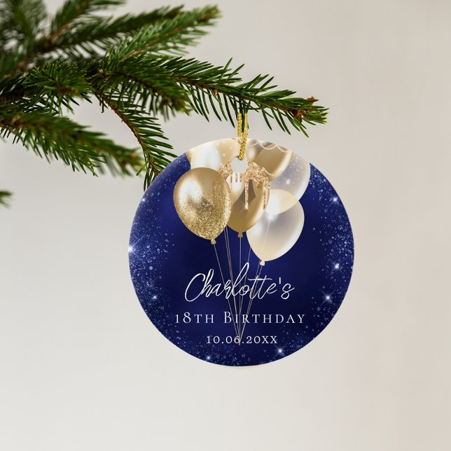 Birthday navy blue glitter gold balloons ceramic ornament (Creator Uploaded)