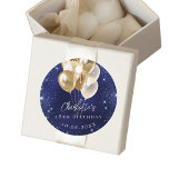 Birthday navy blue glitter gold balloons favour tags<br><div class="desc">A navy blue background with elegant faux sparkles and golden balloons. The blue colour is uneven.  Personalise and add a name and age.  White letters. 
Your thank you note on the back.</div>