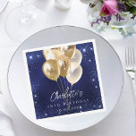 Birthday navy blue glitter gold balloons napkin<br><div class="desc">A navy blue background with elegant faux sparkles and golden balloons. The blue colour is uneven.  Personalise and add a name and age.  White letters.</div>