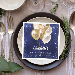 Birthday navy blue glitter gold balloons napkin