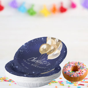 Birthday navy blue glitter gold balloons paper plate