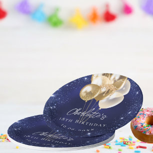 Birthday navy blue glitter gold balloons paper plate