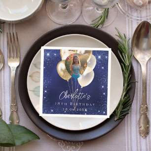 Birthday navy blue glitter gold balloons photo napkin