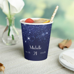 Birthday navy blue glitter name glamourous paper cups