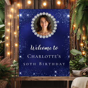 Birthday navy blue glitter photo diamonds welcome poster