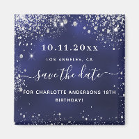 Birthday navy blue glitter save the date magnet