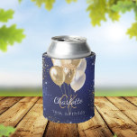 Birthday navy blue gold balloons monogram name can cooler<br><div class="desc">For a girly and glamourous 18th (or any age) birthday party with the girls.  A navy blue uneven coloured background with blue and faux gold glitter and balloons. Personalise and add a name and monogram initials,  age or text.</div>