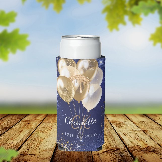 Birthday navy blue gold balloons monogram name seltzer can cooler (Creator Uploaded)