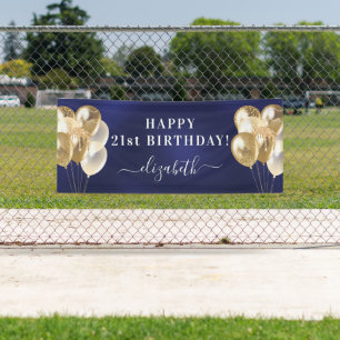 Birthday navy blue gold balloons name script banner