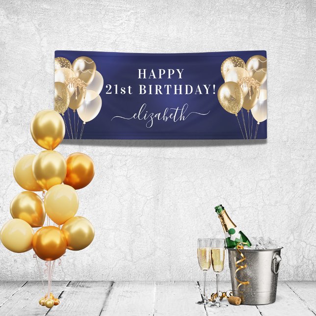 Birthday navy blue gold balloons name script banner (Creator Uploaded)