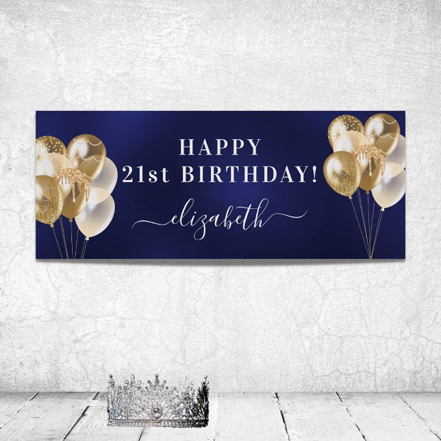 Birthday navy blue gold balloons name script poster (Creator Uploaded)