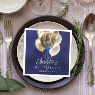 Birthday navy blue gold balloons photo napkin