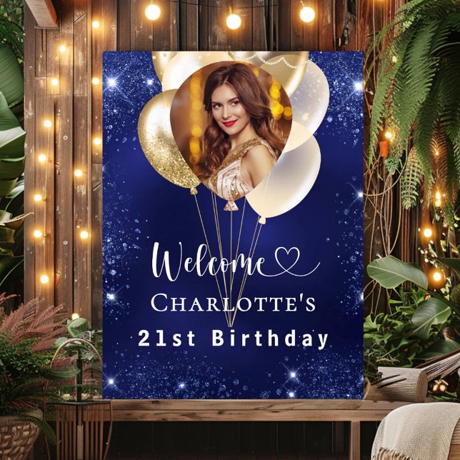 Birthday navy blue gold balloons photo welcome poster (Creator Uploaded)