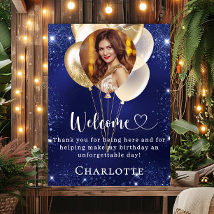 Birthday navy blue gold balloons photo welcome poster