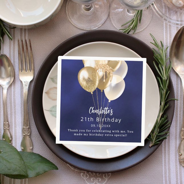 Birthday navy blue gold balloons thank you napkin (Creator Uploaded)