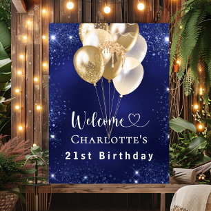 Birthday navy blue gold balloons welcome poster
