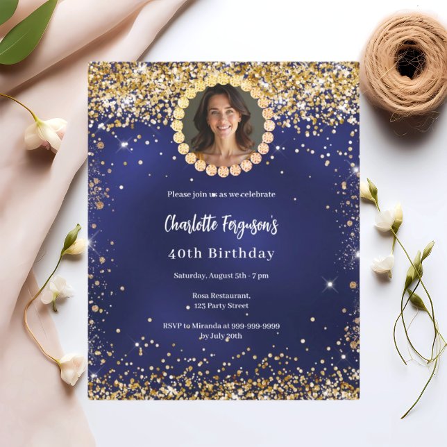 Birthday navy blue gold diamond photo invitation (Creator Uploaded)