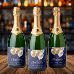 Birthday navy blue gold glitter balloons sparkling wine label<br><div class="desc">A navy blue background with elegant faux sparkles and golden balloons. The blue colour is uneven.  Personalise and add a name and age.  White letters.</div>