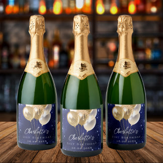 Birthday navy blue gold glitter balloons sparkling wine label