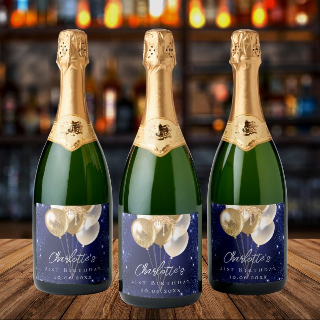 Birthday navy blue gold glitter balloons sparkling wine label (Creator Uploaded)