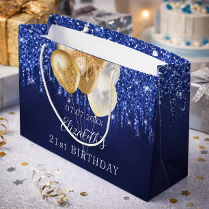 Birthday navy blue gold glitter drips balloons large gift bag