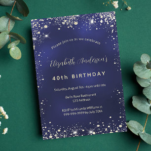 Birthday navy blue gold glitter glamourous invitation