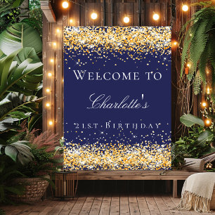 Birthday navy blue gold glitter welcome poster