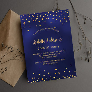 Birthday navy blue gold hearts elegant script invitation