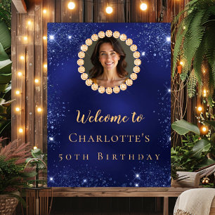 Birthday navy blue gold photo diamonds welcome poster