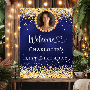 Birthday navy blue gold photo welcome poster