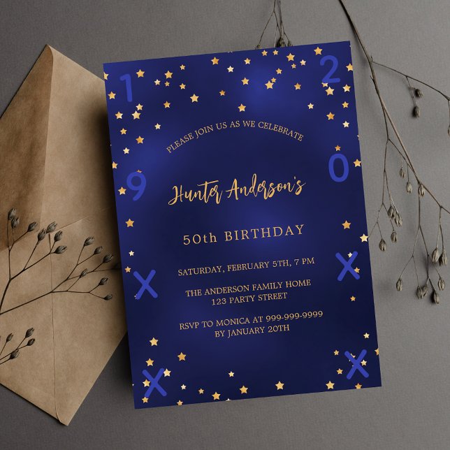 Birthday navy blue gold stars birth year invitation (Creator Uploaded)