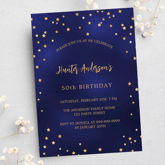 Birthday navy blue gold stars party invitation postcard (Creator Uploaded)